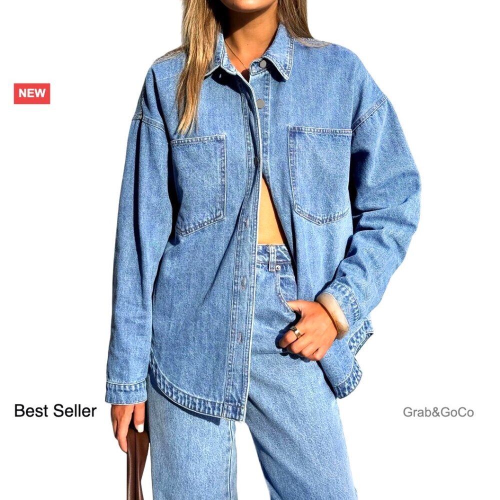 Oversized Denim Shirt Button Down Blouse Distressed Y2K Chic Casual Wear